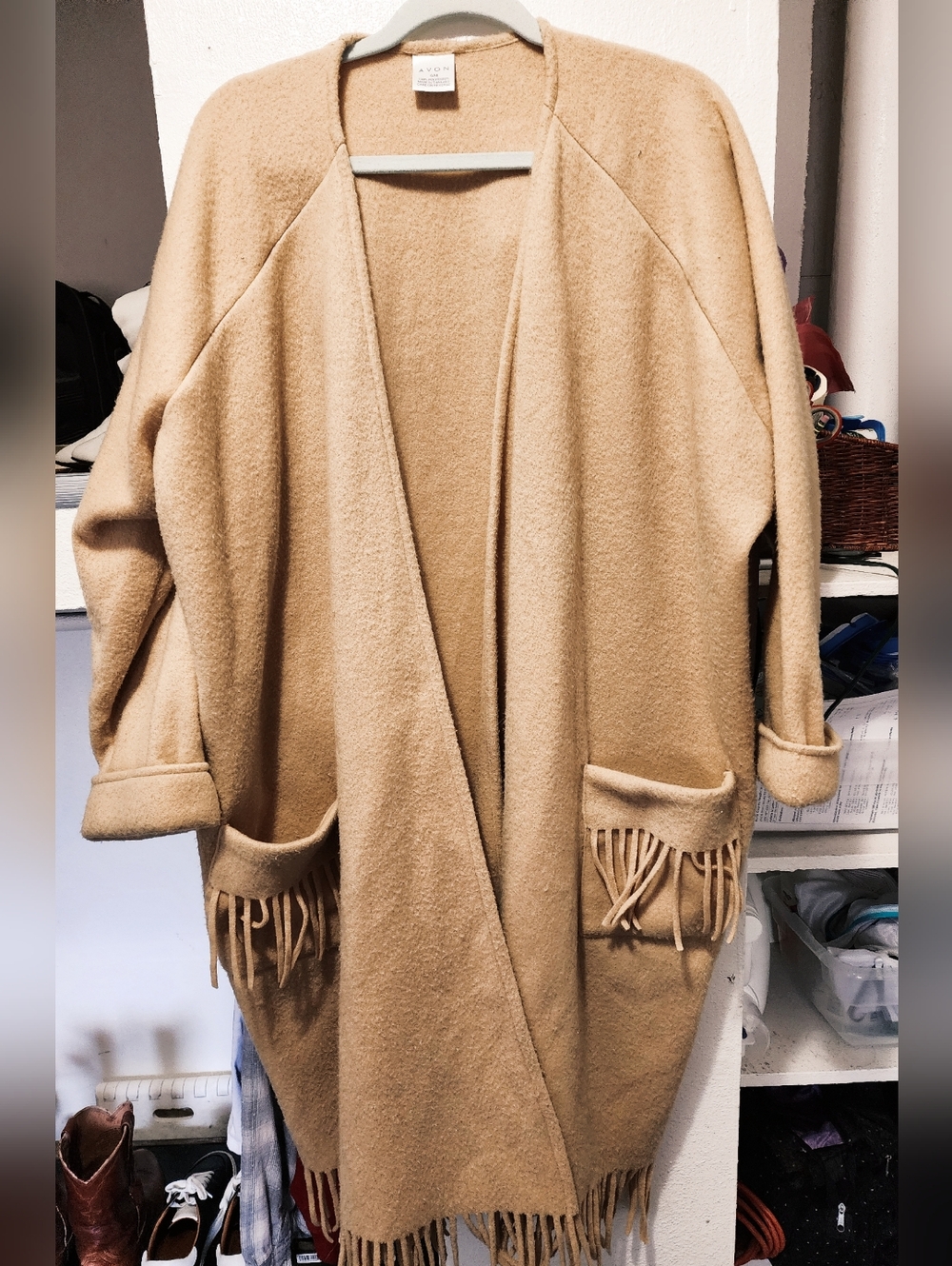 "AVON" WOMEN'S 80'S/90'S FRINGE LONG LINE CARDI - BEIGE